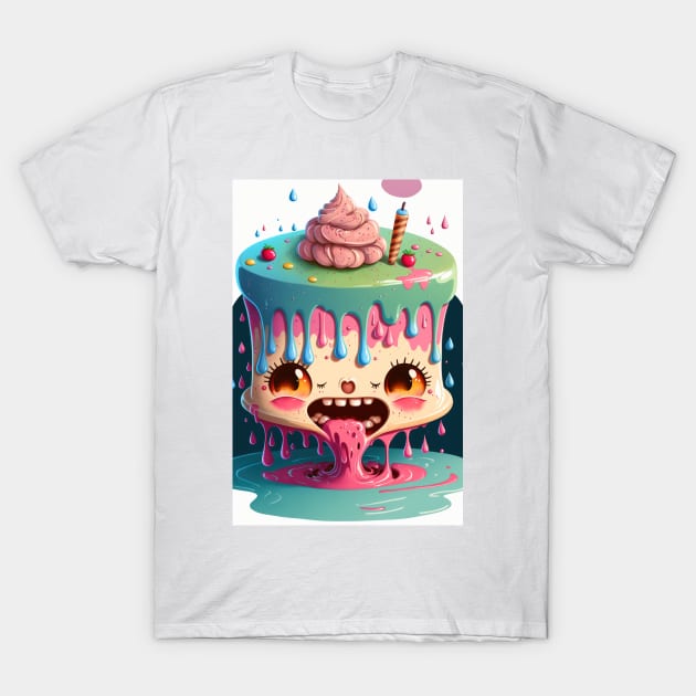 Cake Caricature - January 1st - Yearlong Psychedelic Cute Cakes Collection - Birthday Party - Delicious Dripping Paint, Bright Colors, and Big Adorable Smiles T-Shirt by JensenArtCo